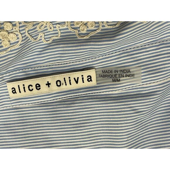 Alice + Olivia Toro Women's M Blue Button-Up Polyester Blend Shirt Pinstripe - Picture 3 of 9